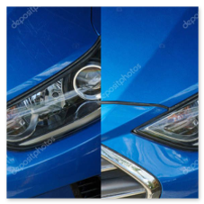 Motorhaube mit Delle und nach der Reparatur